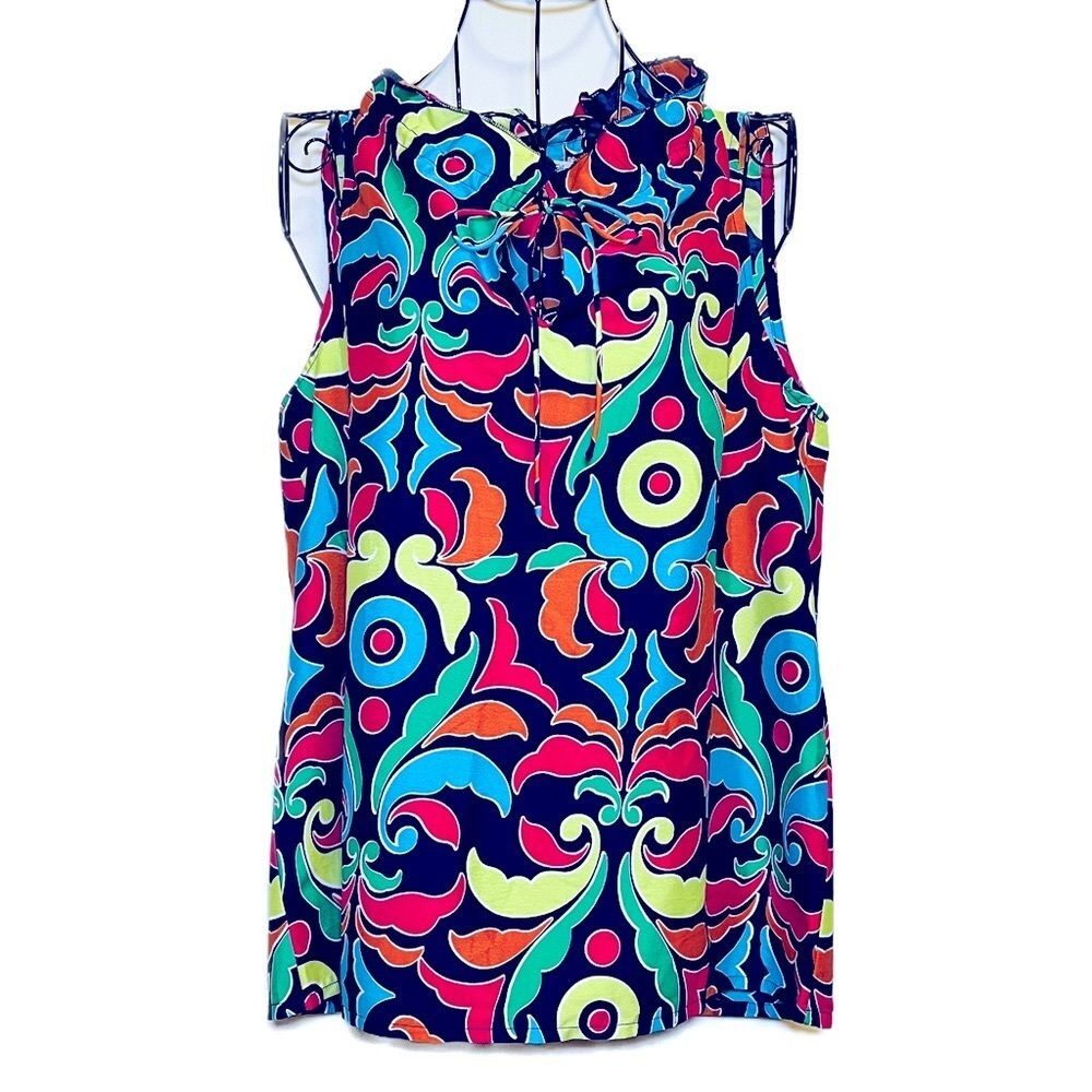Buckhead Bettie’s Women’s Silk-Like Navy Sleeveless Geometric Blouse Size Small